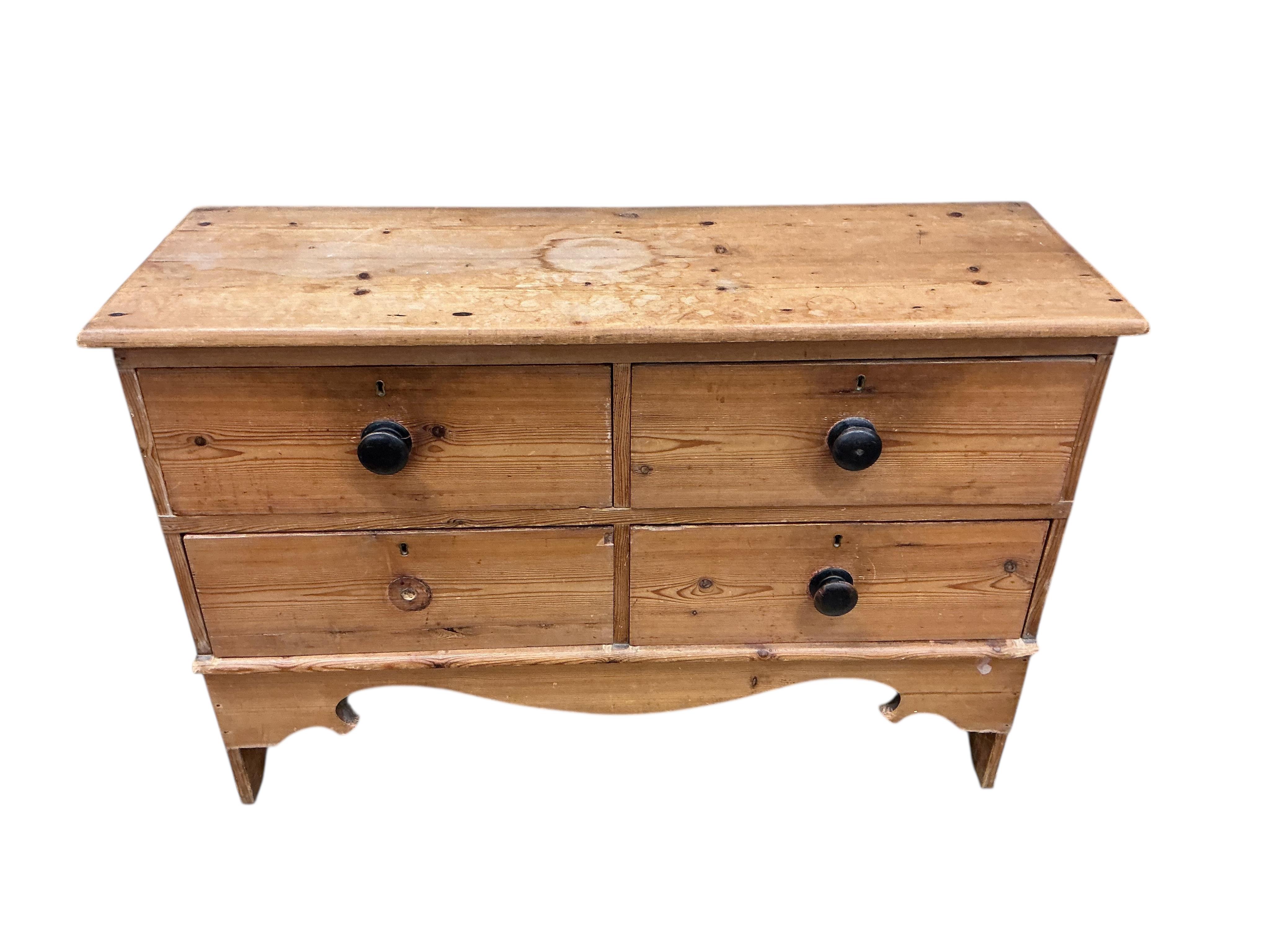 A 19th century pine four drawer chest, width 118cm, depth 40cm, height 79cm